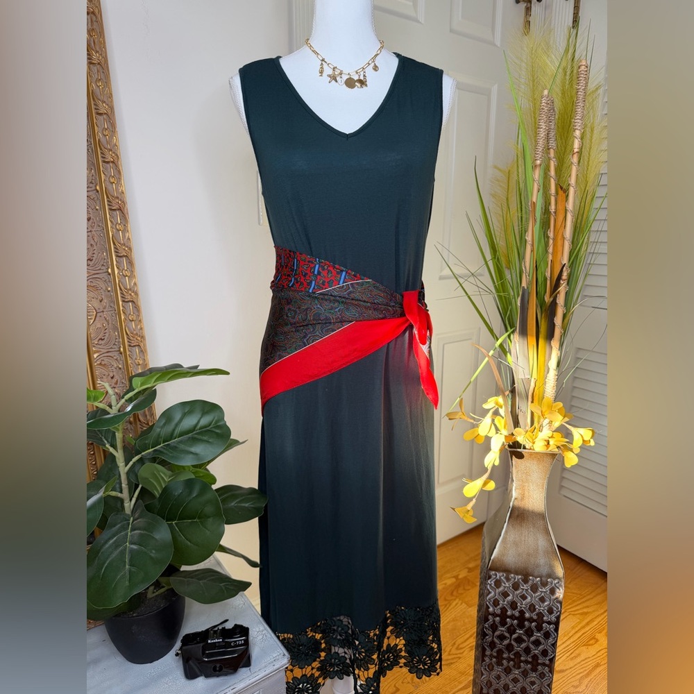 Nina Leonard Black Maxi Dress with Red Sash